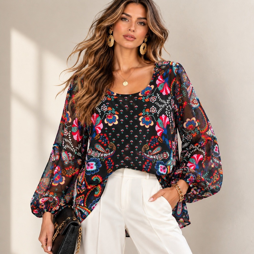 Zac & Rachel XL Black Paisley Floral Chiffon Bell Sleeve Lined Blouse Top Boho